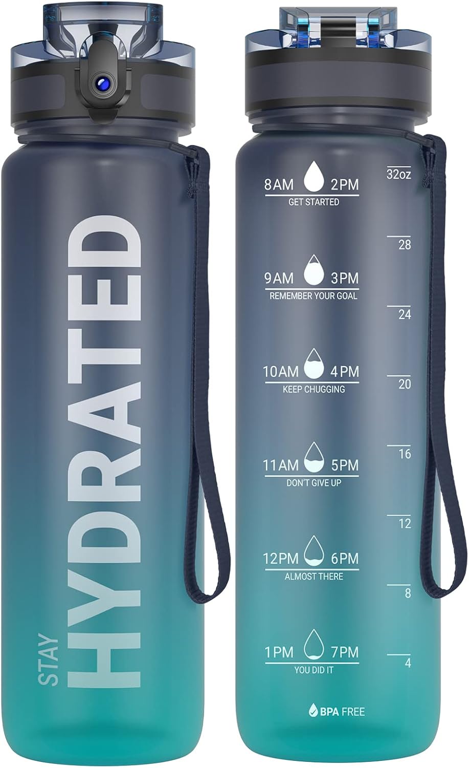 32oz Motivational Water Bottle with Time Marker & Carrying Strap – Leakproof, BPA-Free Tritan Sports Bottle for Gym, Fitness, and Travel