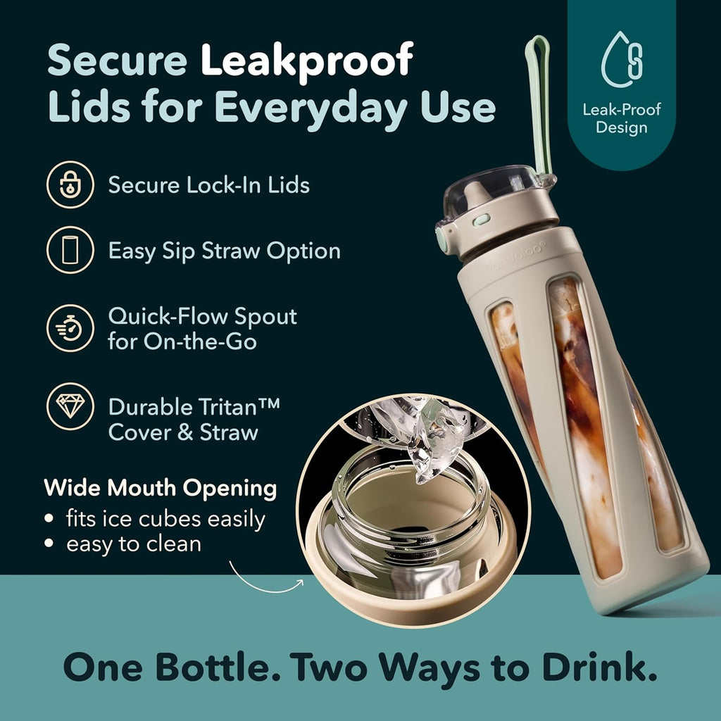 32 oz Borosilicate Glass Water Bottle with 2 Leak-Proof Lids (Straw & Spout) – Wide Mouth, Cup Holder Friendly, BPA-Free Daily Hydration Flask with Silicone Sleeve